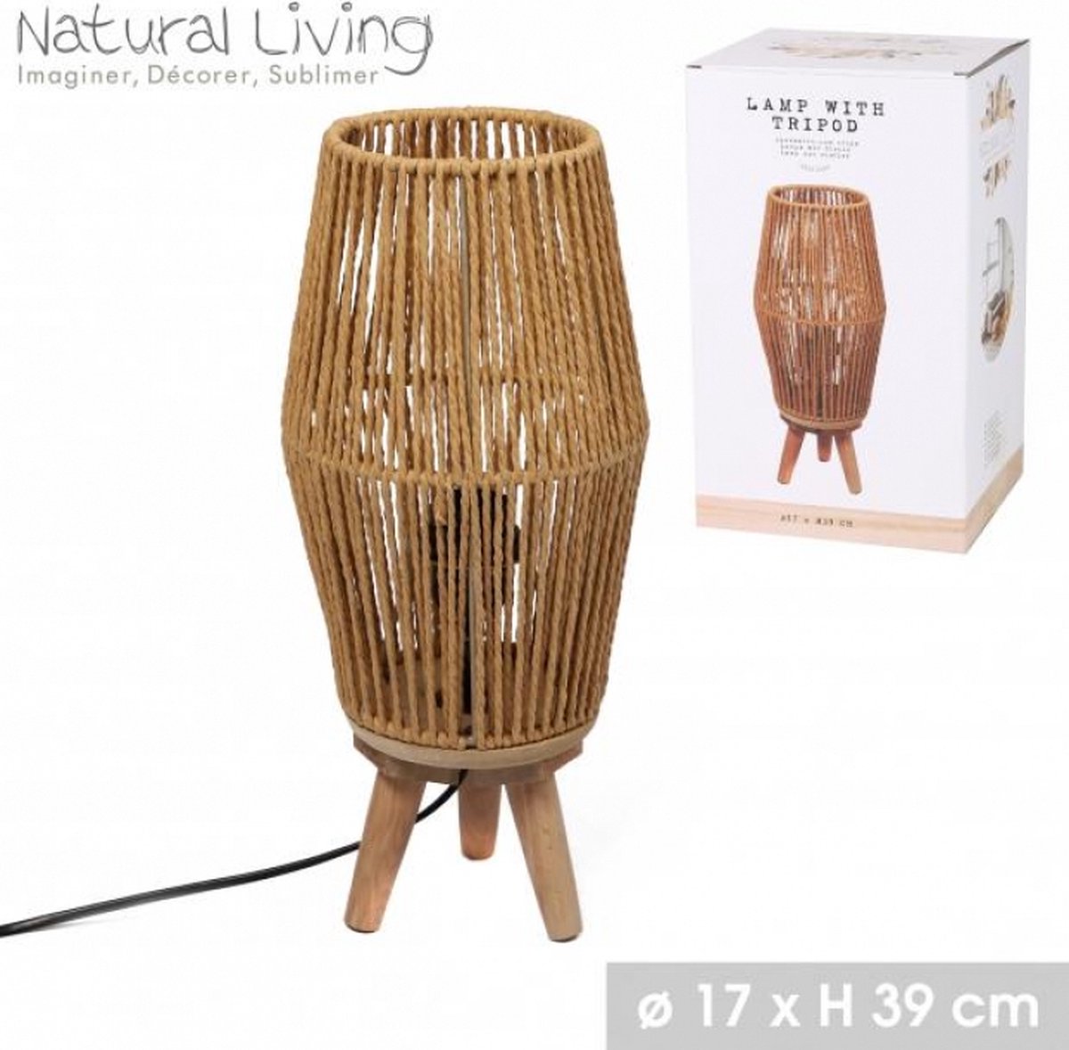 "NATURAL LIVING" LEANDRA TOUWLAMP MET HOUTEN STATIEF D17CM X H39CM