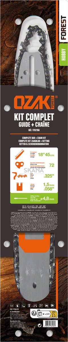 Zaagblad van 45 cm aansluiting K + zaagketting .325"- 72E OZAKI. Vervangt Oregon 188slgk095 - In blisterverpakking