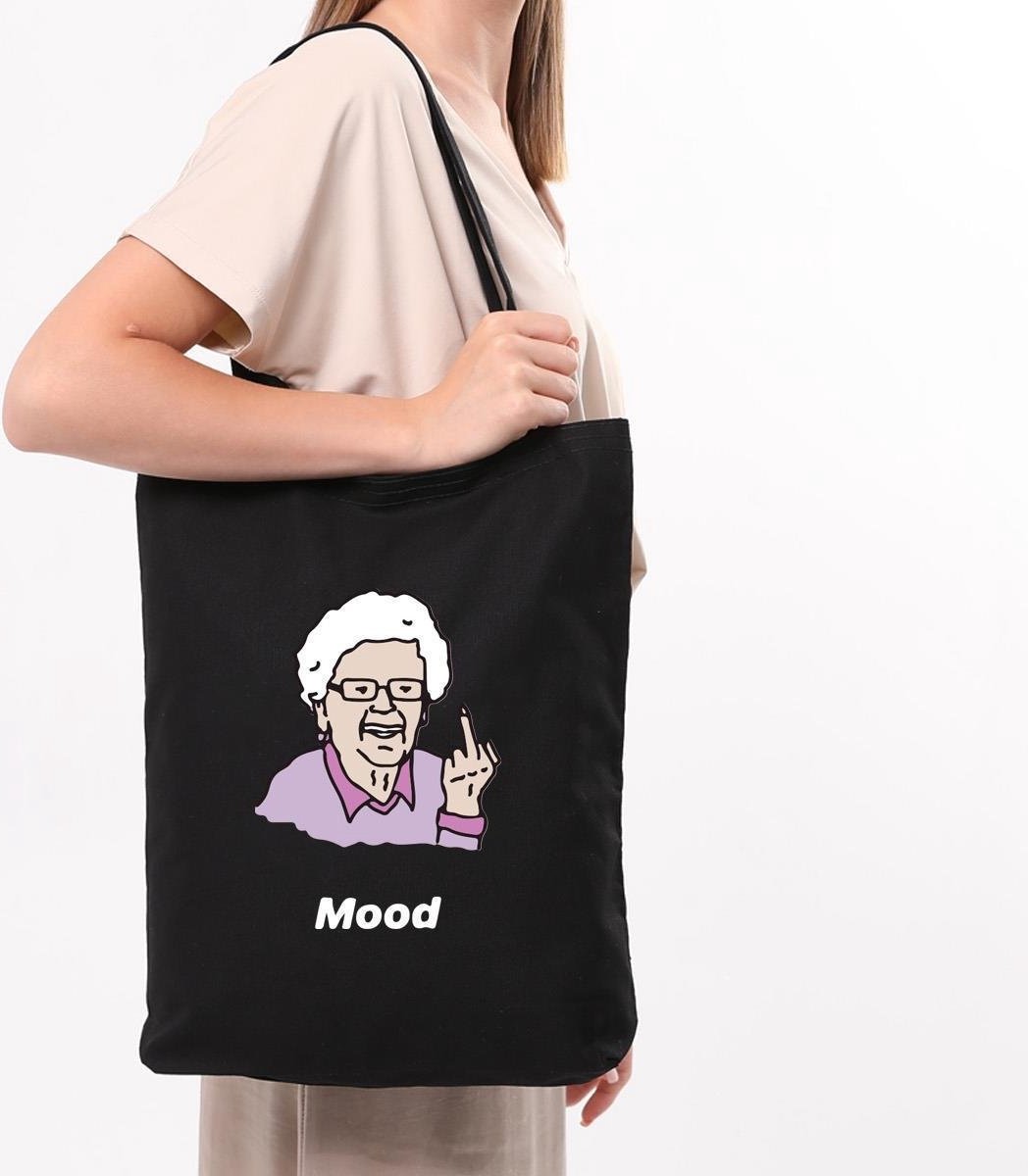 Kwube Dames Tassen - Shopper - Zwart Katoen - 35x40 cm - Cadeau Voor Haar | Katoenen Schoudertas | Linnen Tas | Zwarte Boodschappentas | Grandma Mood Black Cotton Tote Bag | Grappige Cadeaus