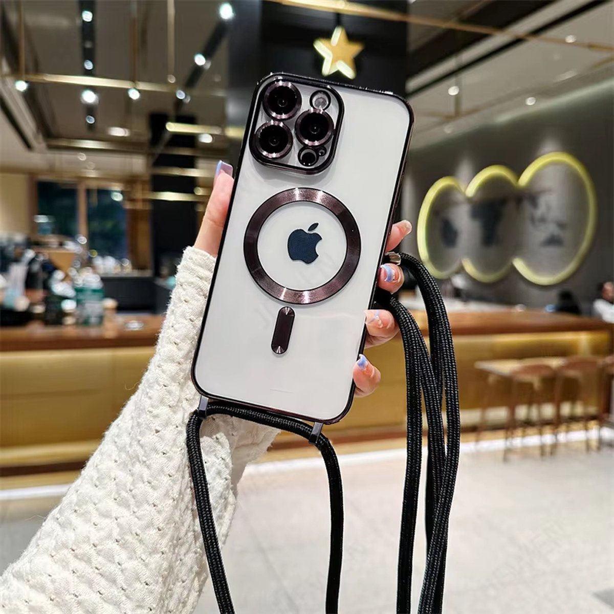 iPhone 15 Magsafe Silicone Hoes met Koord / Touwtje & camera Protection GLass - Zwart