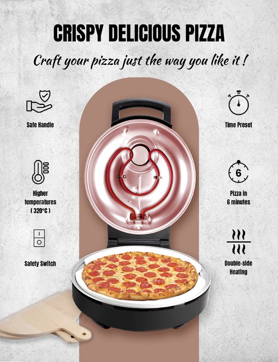 Bestron Turbo Pizzaoven - 320°C - Knapperige pizza’s in 5–10 min - Inclusief pizzasteen & 2 houten spatels - Koperkleur - 5 jaar garantie — afbeelding 4