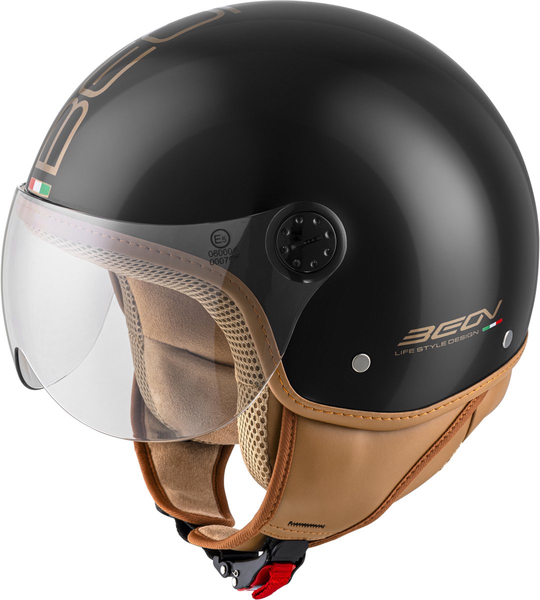 BEON Design Luxe Scooterhelm met Vizier - Geschikt als Scooter Brommer Motor Snorfiets helm - Retro Vespa helm scooter voor Volwassenen - XS- Zwart - Jethelm incl Gratis helmtas