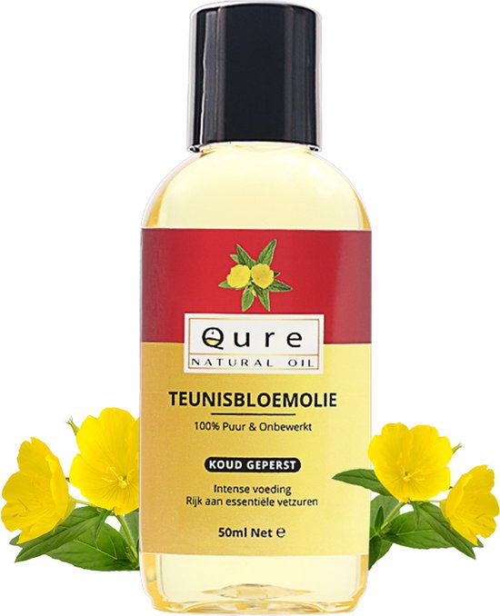 Flesje Qure Teunisbloemolie met een geel etiket met rode band en afbeelding van planten.