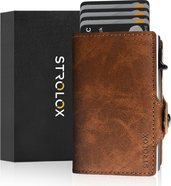 Strolox® Pasjeshouder Luxe Portemonnee Donkerbruin - Creditcardhouder 11 pasjes + Briefgeld - Kaarthouder Pashouder Uitschuifbaar - RFID & NFC Kaarthouder - leer - Mannen & Vrouwen Incl. Luxe Cadeauverpakking - Unisex