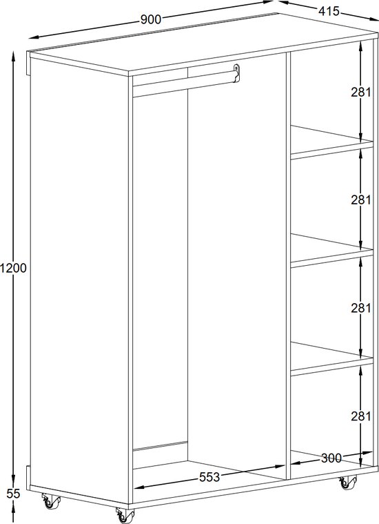 Technische tekening van een zwarte kledingkast met afmetingen, hanggedeelte en legplanken.