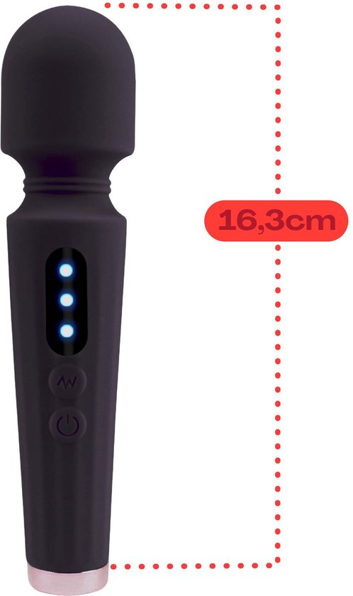 Zwarte vibrator met 3 blauwe LED-lampjes en een rode lijn die de lengte van 16,3 cm aangeeft.