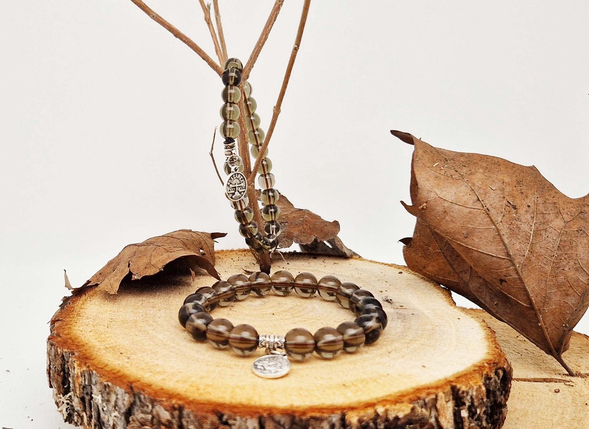 Handgemaakte natuursteen Geluksarmband met hanger "Astrologische Symbolen "Rookkwarts" -10 mm diameter van de korrel- Diameter armband 20 cm - Kies je favoriete Astrologische Symbolen - Een mooi cadeau voor familie en vrienden