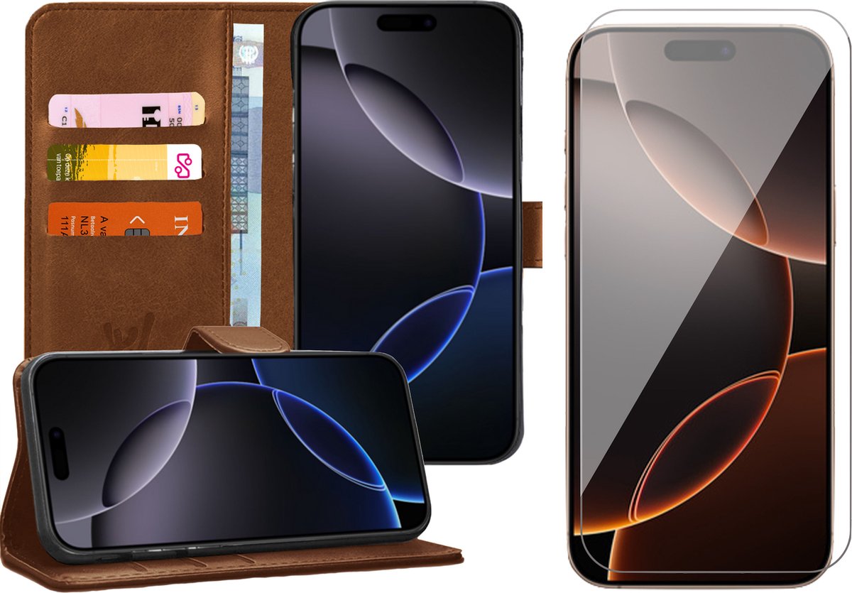 Hoesje geschikt voor iPhone 16 Pro - Screenprotector Glas - Portemonnee Book Case Bruin