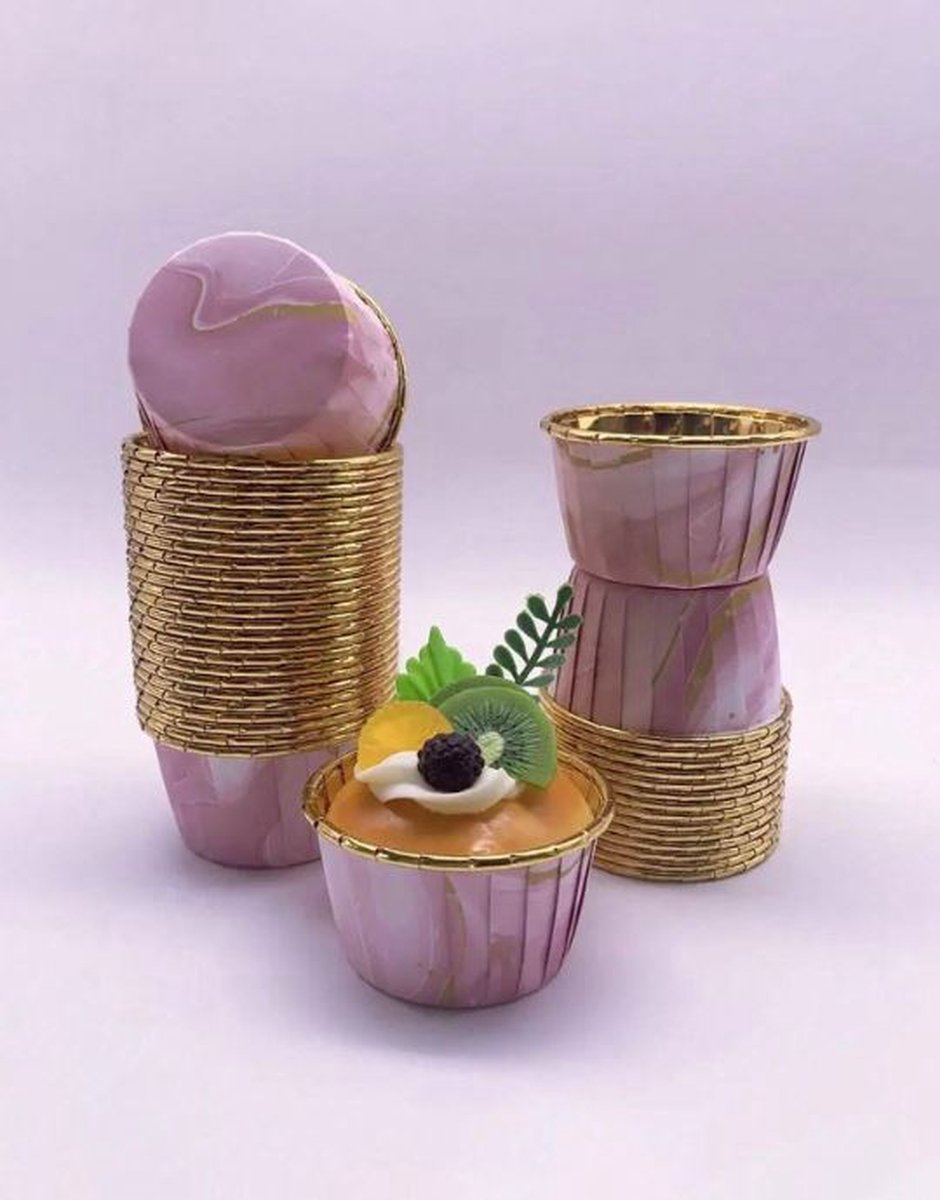 30 Stuks Muffin Cupcake Bakvormen – Luxe Papieren Bak Vormpjes – Roze / Goud / Marmer