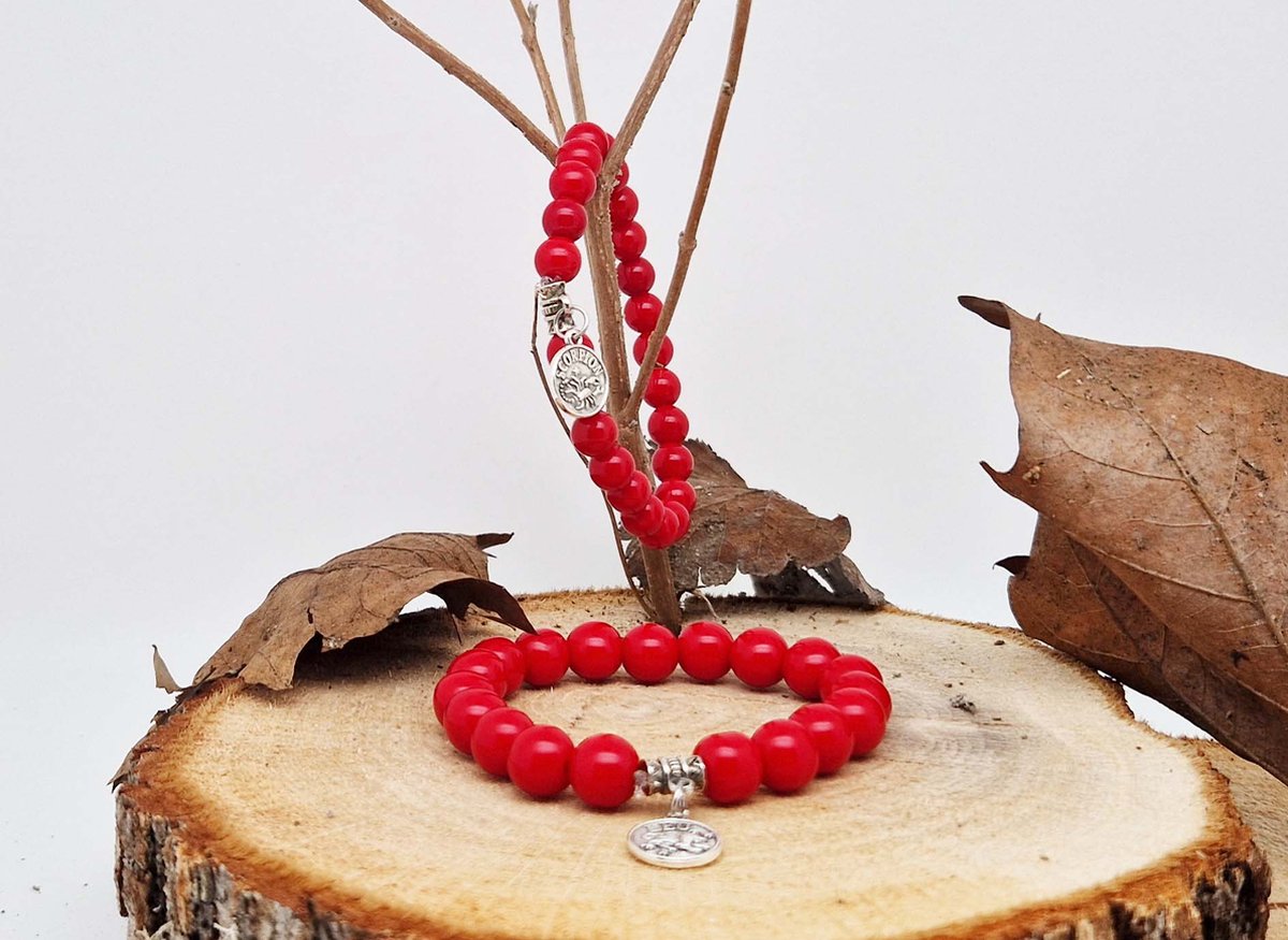 Handgemaakte natuursteen Geluksarmband met hanger "Astrologische Symbolen " Bloedkoraal" -8 mm diameter van de korrel- Diameter armband 20 cm - Kies je favoriete Astrologische Symbolen - Een mooi cadeau voor familie en vrienden