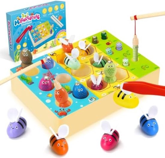 Jeu De Pêche Magnétique En Bois – Hibou, 2 Cannes, 8 Poissons, 6 Insectes, Montessori 2-5 Ans