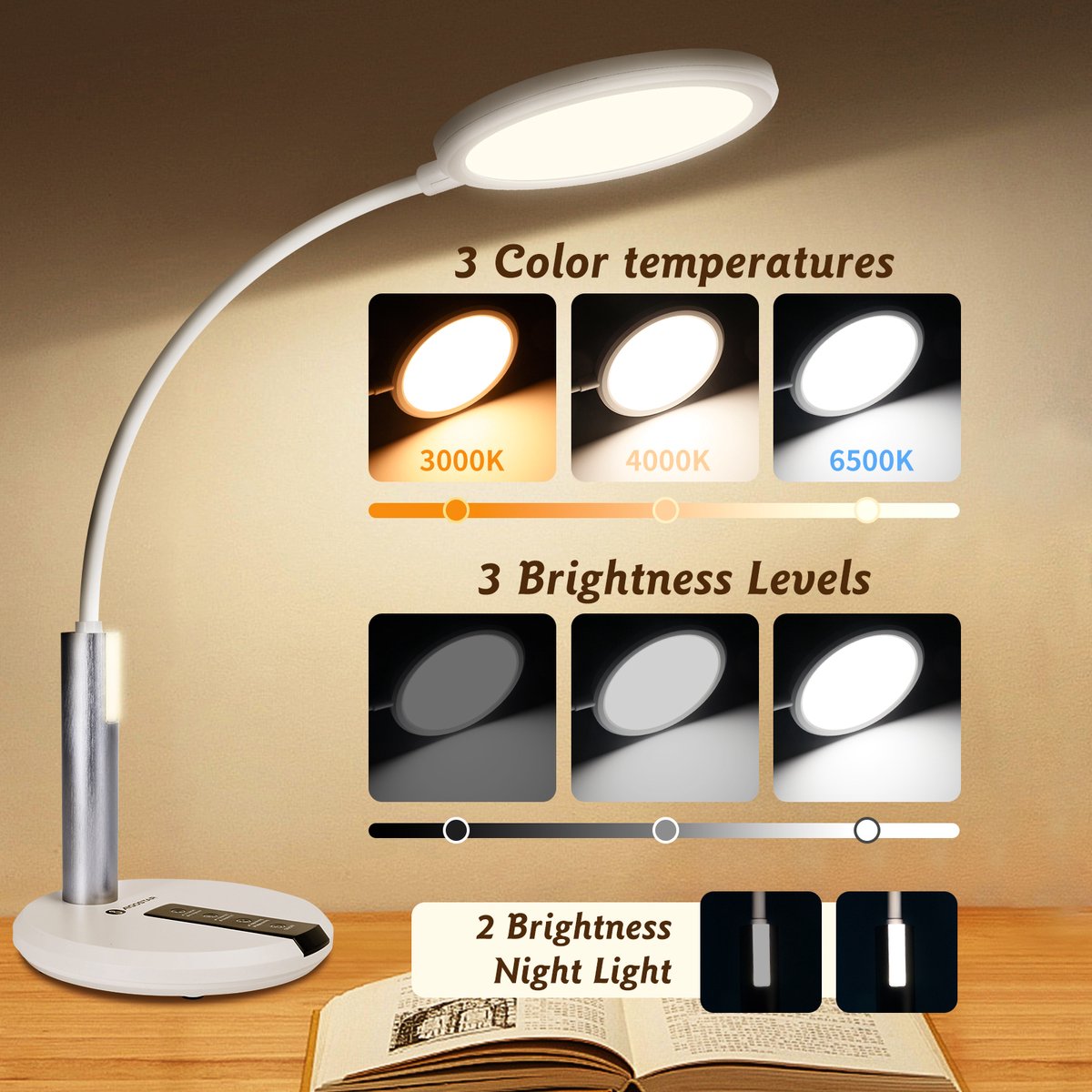 Aigostar 10Z1K - Bureaulamp LED Dimbaar - 3 Kleuren licht - met Nachtlampje - Leeslamp - Tafellamp – Ledlamp - Wit thumbnail 3