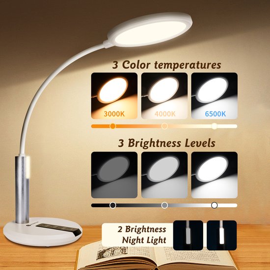 Aigostar 10Z1K - Bureaulamp LED Dimbaar - 3 Kleuren licht - met Nachtlampje - Leeslamp - Tafellamp - Ledlamp - Wit van Aigostar — afbeelding 3