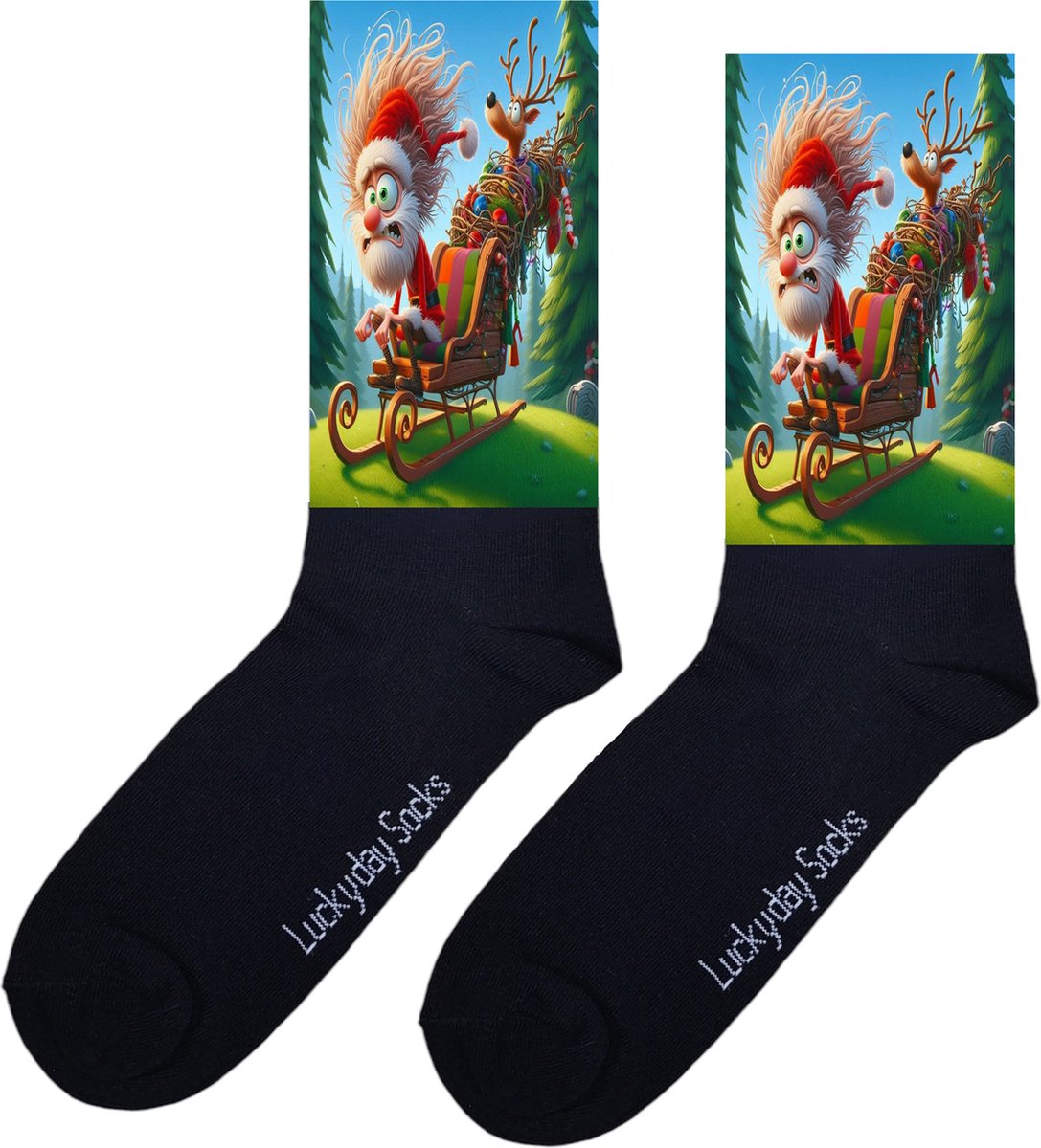 Kerstsokken - Kerstcadeau - Kerstman slee sokken - December Kado - Grappige sokken - Leuke sokken - Vrolijke sokken - Kerst Cadeau sokken - LuckyDay Socks - Sokken waar je vrolijk van wordt - Maat 37-44