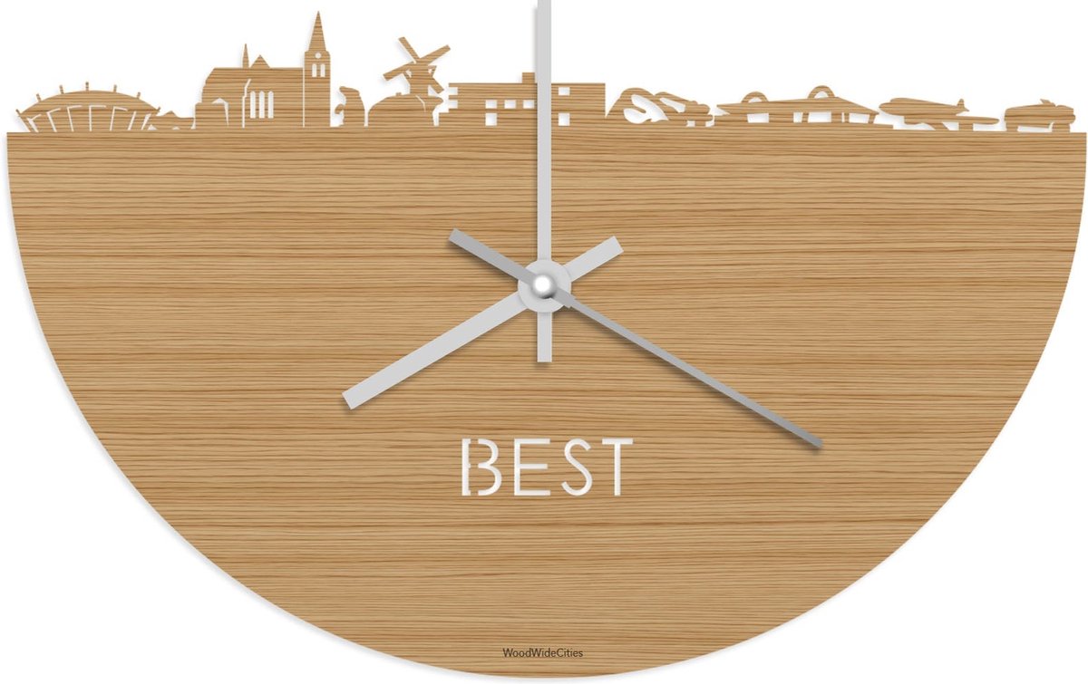 Skyline Klok Best Bamboe hout - Ø 40 cm - Stil uurwerk - Wanddecoratie - Meer steden beschikbaar - Woonkamer idee - Woondecoratie - City Art - Steden kunst - Cadeau voor hem - Cadeau voor haar - Jubileum - Trouwerij - Housewarming - WoodWideCities