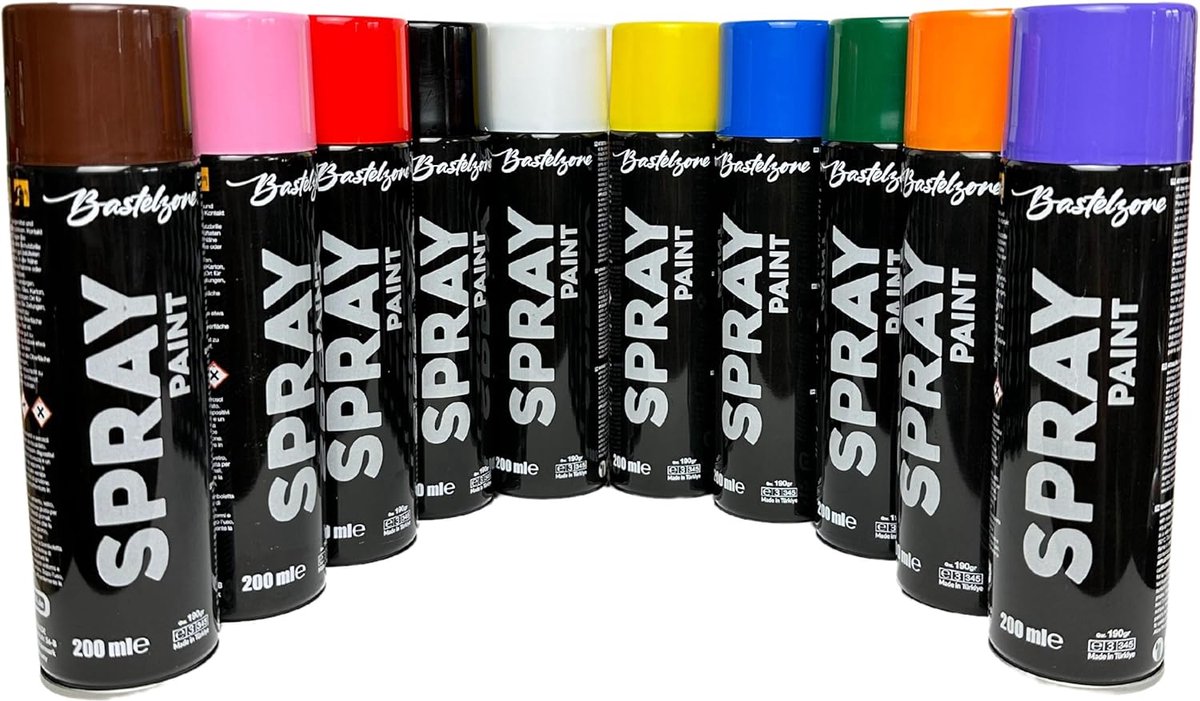 Spuitverf set: 10 kleuren van elk 200 ml. Sneldrogende graffiti-spuitbussen voor hout, steen, metaal, glas. Zwart, wit, blauw, groen, rood, geel, paars, oranje, roze, bruin