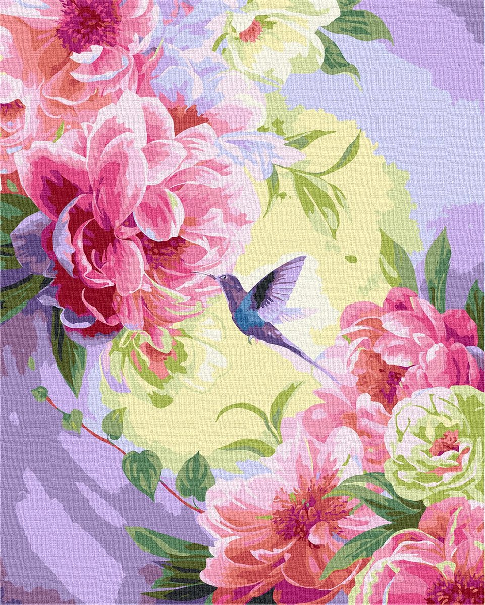 Schilderen op nummer voor Volwassenen - Bloemen en Kolibrie - 40x50 cm - op Frame - Moeilijkheidsgraad: 4/5