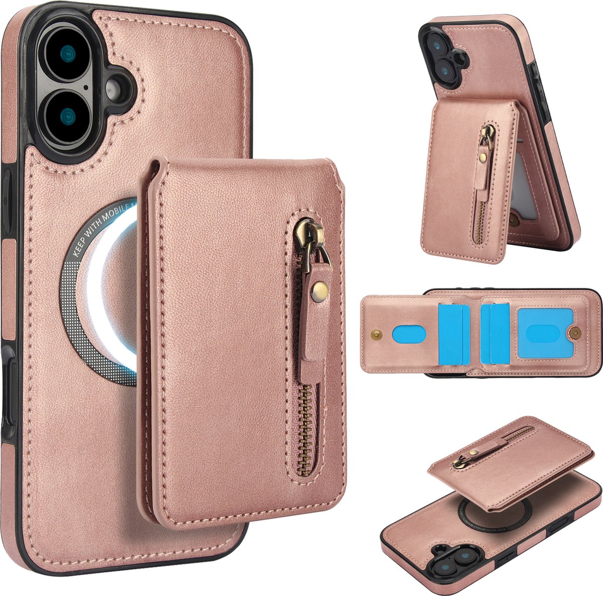 Stravo Leather Hoesje Case – Wallet Leer & Leren Cover – Geschikt voor iPhone 16 Plus – Leren Leather Portemonneehoes met Kaarthouder – 2-in-1 Afneembare PU Leren Flip Case met RFID-bescherming, Kickstand, MagSafe – Roségoud