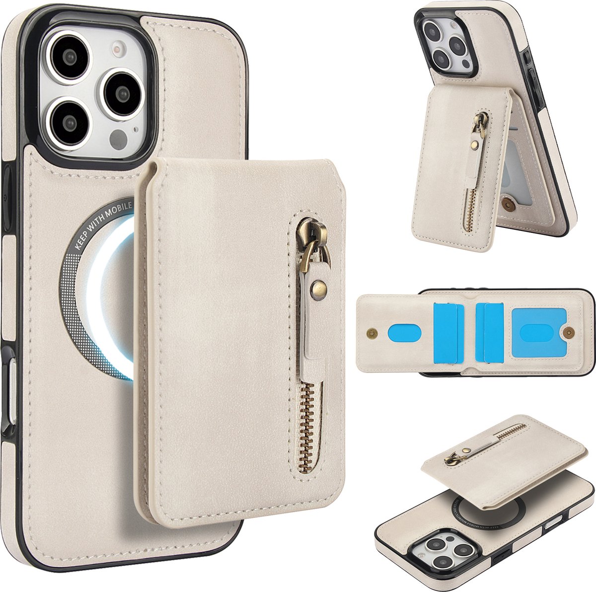 Stravo Leather Hoesje Case – Wallet Leer & Leren Cover – Geschikt voor iPhone 16 pro – Leren Leather Portemonneehoes met Kaarthouder – 2-in-1 Afneembare PU Leren Flip Case met RFID-bescherming, Kickstand, MagSafe – Wit
