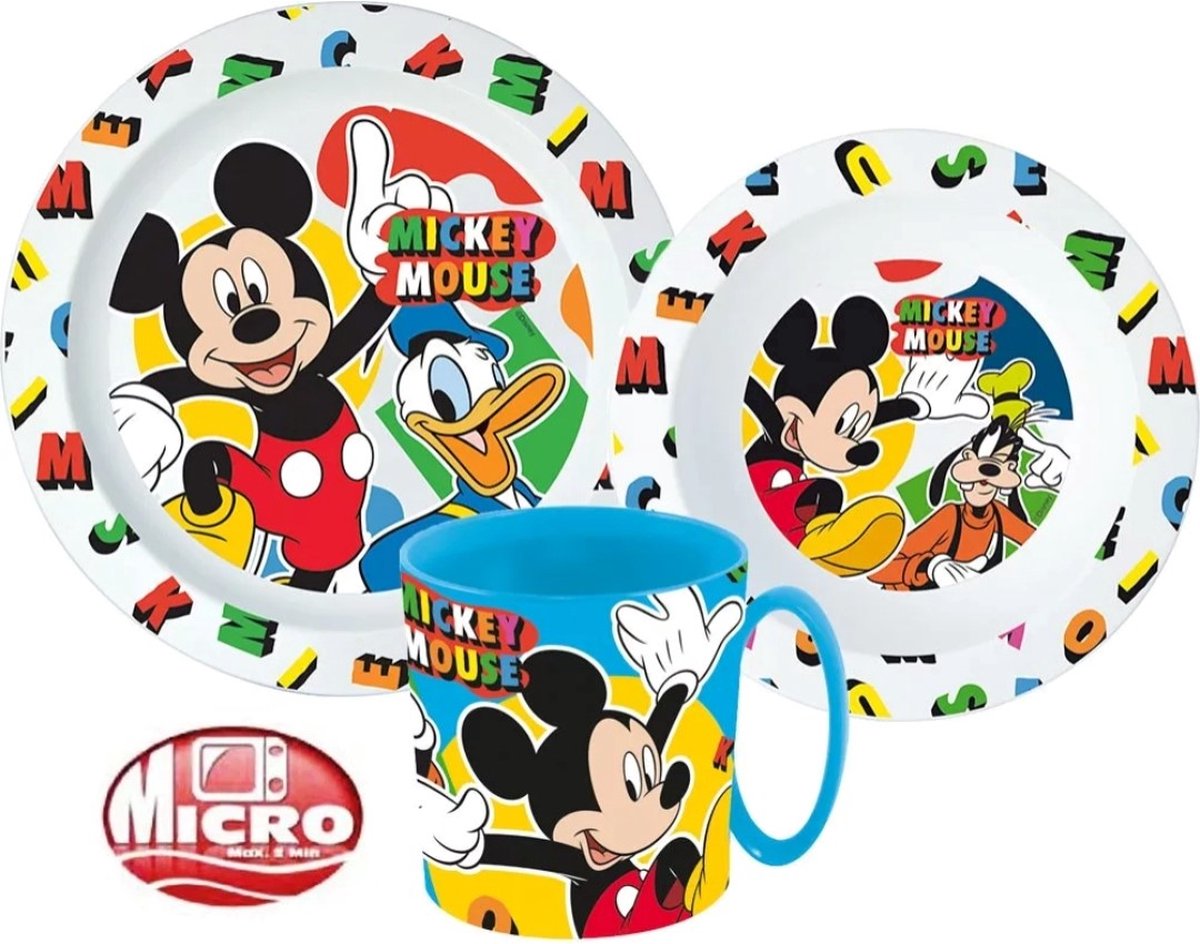 Goedkoopste Disney Mickey Mouse Ontbijtset - Lunchset - Dinerset Bord, Schaal en Beker 350ml