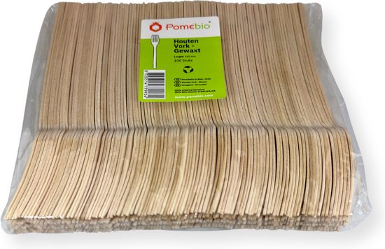Verpakking met 100 PomeBio houten vorken, 160 mm, gewaxt. De verpakking is schuin geplaatst.