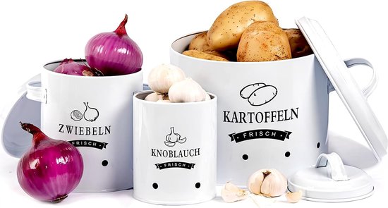 Relaxdays Aardappelopbergdoos, uien, knoflook, set van 3, met deksel en