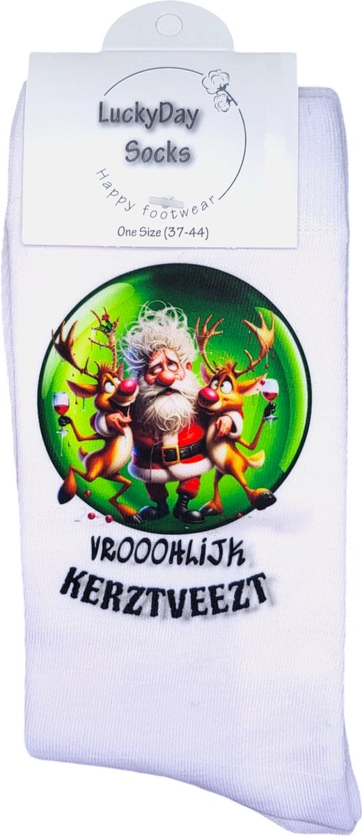 Kerstsokken - Kerstcadeau - Kerstman Dronken Rendier sokken - December Kado - Grappige sokken - Leuke sokken - Vrolijke sokken - Kerst Cadeau sokken - LuckyDay Socks - Sokken waar je vrolijk van wordt - Maat 37-44
