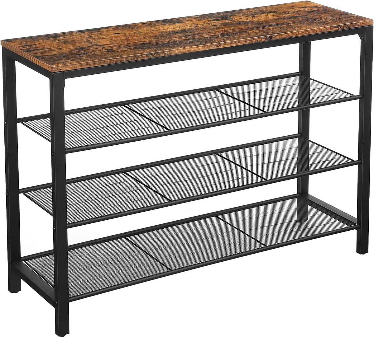 VASAGLE Schoenenrek, schoenenrek, 100 x 30 x 72 cm, schoen organisator met 3 strak gemaasde gaasplanken, gang, woonkamer, slaapkamer, eenvoudige constructie, stal, industriële stijl, vintage bruin-zwart LBS14BX