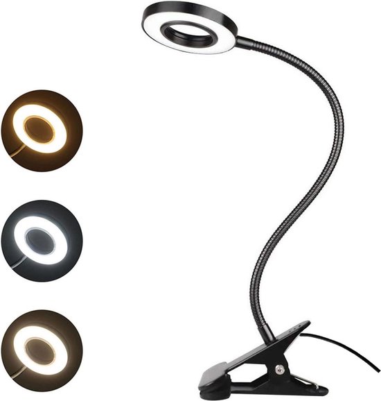 AIHG 5 x LED vergrootglas bureaulamp met klem, USB-aangedreven vergrootlamp met 3 kleurmodi en 10 helderheid, verstelbare metalen draaibare armlamp voor lezen/kantoor/werk