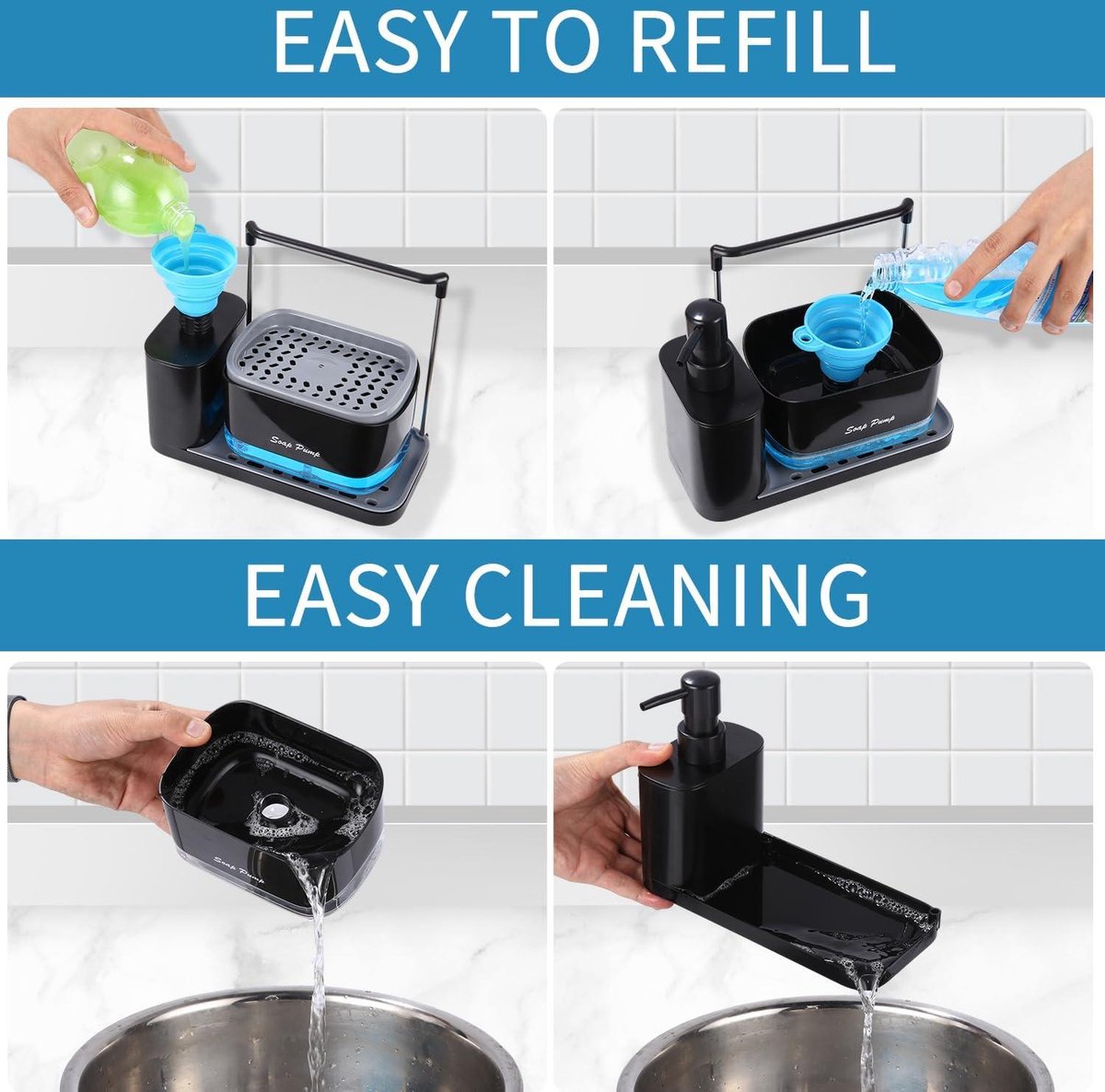 Keuken handzeep en afwaszeepdispenserset, dubbele zeepdispenser met spons caddy en borstelhouder 4-in-1 organizer voor aanrecht in de keuken, nuttige keukengadgets - zwart
