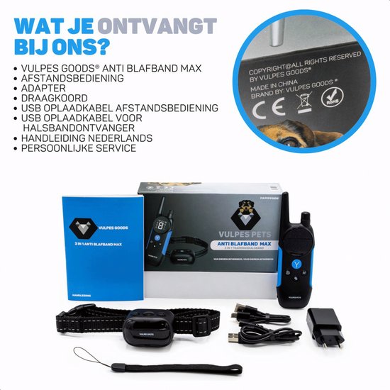 Inhoud van de verpakking: anti blafband, afstandsbediening, adapter, draagkoord, USB-kabels en handleiding.