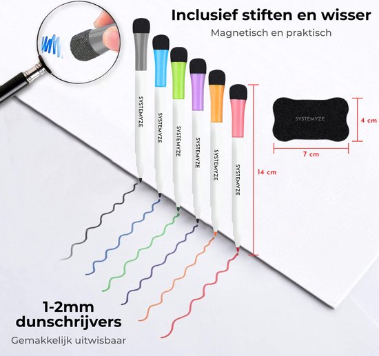Ensemble de six marqueurs magnétiques de différentes couleurs et une gomme, traçant des lignes de différentes couleurs.