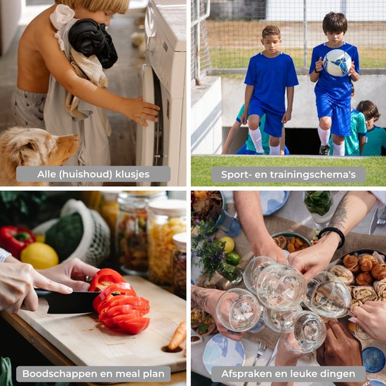 Quatre images : enfant aidant à la lessive, garçons avec un ballon de football, découpe de tomates, trinquer avec des verres.