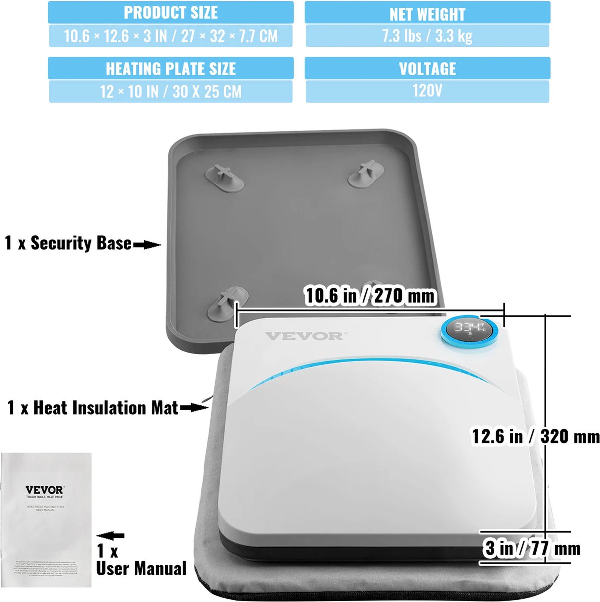 Vevor Heat Press Transferpers Draagbare Warmte Pers Machine Upgrade Model Multifunctioneel T-Shirts Tassen -Onderzetters Dekens enz. L27 x B32 x H7.7CM Blauw