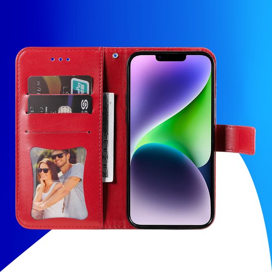 Étui adapté pour iPhone 16 Plus - Bookcase - Porte-cartes - Portefeuille - Imprimé fleuri - Simili cuir - Rouge