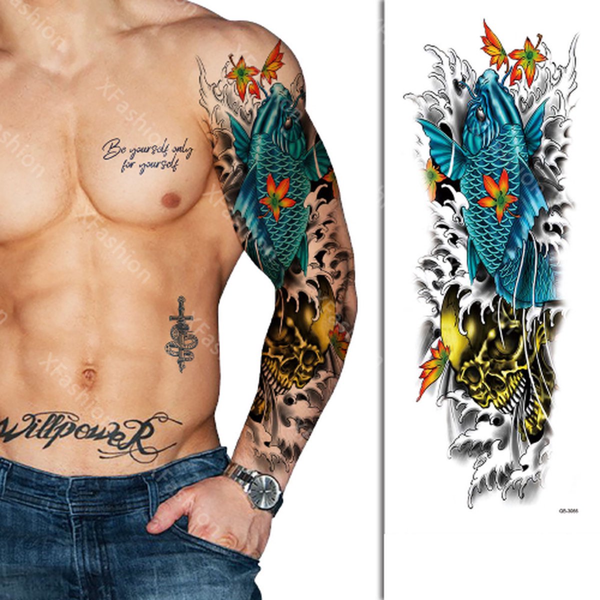 Tattoo Sleeve - Japan Azië Bloemen Water Lucht Vis Karper - Neptattoo Lichaam en Gezicht - Tijdelijke Henna Plak Tattoos - Nep Tatoeage - Fake Temporary Tattoo - Festival Make-up Outfit Volwassenen Kinderen