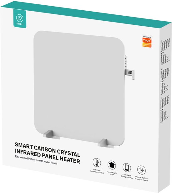Doos van de Sinji Smart Carbon Crystal Infrared Panel Heater, met afbeelding van de witte radiator.