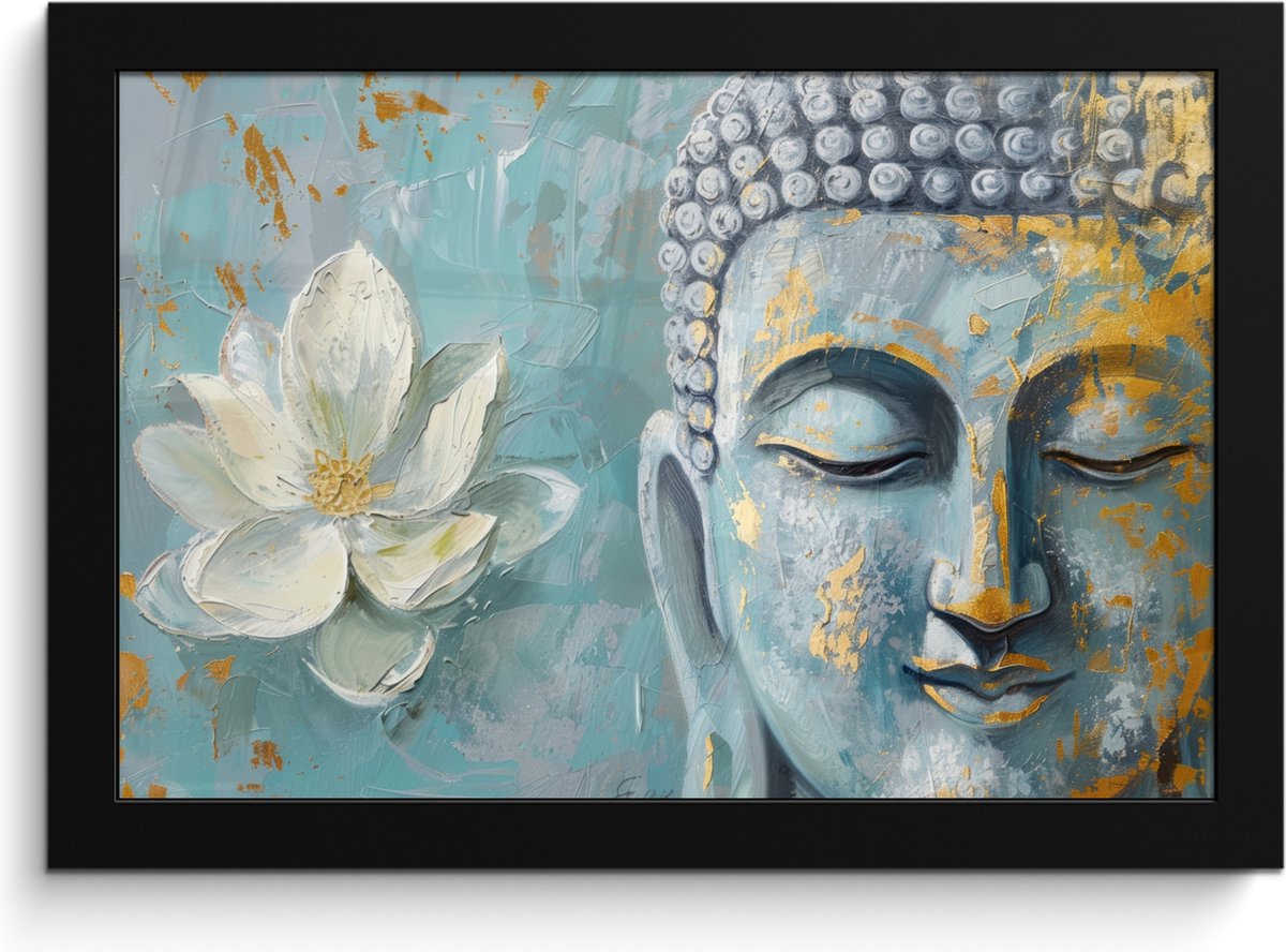 FrameYourWall Poster in lijst - Fotolijst 30x20 cm - Posters - Boeddha - Bloem - Lotus - Goud - Blauw - Posterlijst zwart - Decoratie - Wanddecoratie woonkamer - Muurdecoratie slaapkamer Boeddha - Blauw