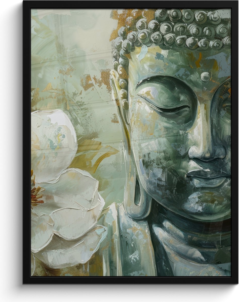 FrameYourWall Poster in lijst - Fotolijst 60x80 cm - Posters - Boeddha - Groen - Lotusbloem - Wit - Posterlijst zwart - Decoratie - Wanddecoratie woonkamer - Muurdecoratie slaapkamer