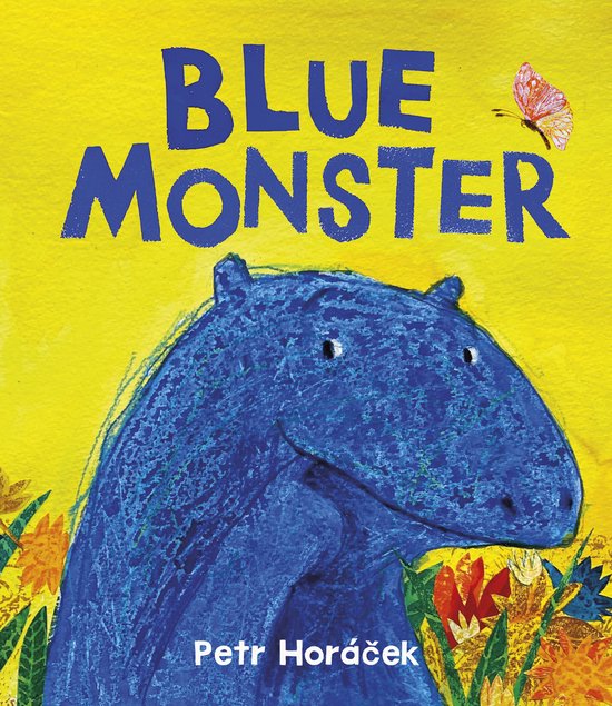 Boek 'Blue Monster' van Petr Horáček, met een blauw monster op een gele achtergrond.