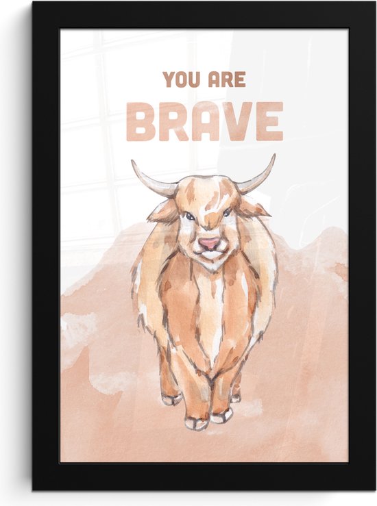 Poster in lijst - Fotolijst 20x30 cm - Posters - Yak - Oranje - Quote - 'You are brave' - Posterlijst zwart - Kamer decoratie - Wanddecoratie kinderkamer - Muurdecoratie babykamer