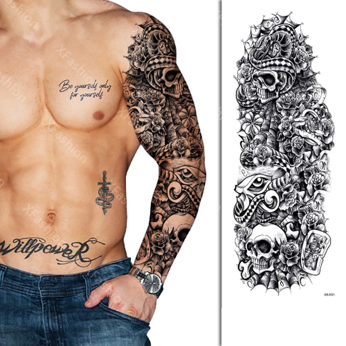 Tattoo Sleeve - Slang Doodshoofd Schedel Bloemen - Neptattoo Lichaam en Gezicht - Tijdelijke Henna Plak Tattoos - Nep Tatoeage - Fake Temporary Tattoo - Festival Make-up Outfit Volwassenen Kinderen