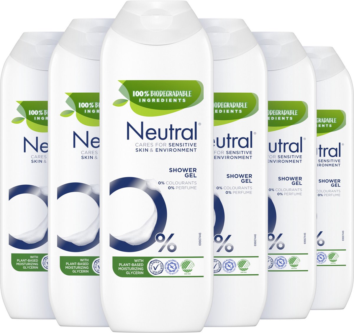 Neutral Douchegel 0% - vrij van parfum en kleurstof met 100% biologisch afbreekbare ingrediënten - 6 x 250ml - voordeelverpakking