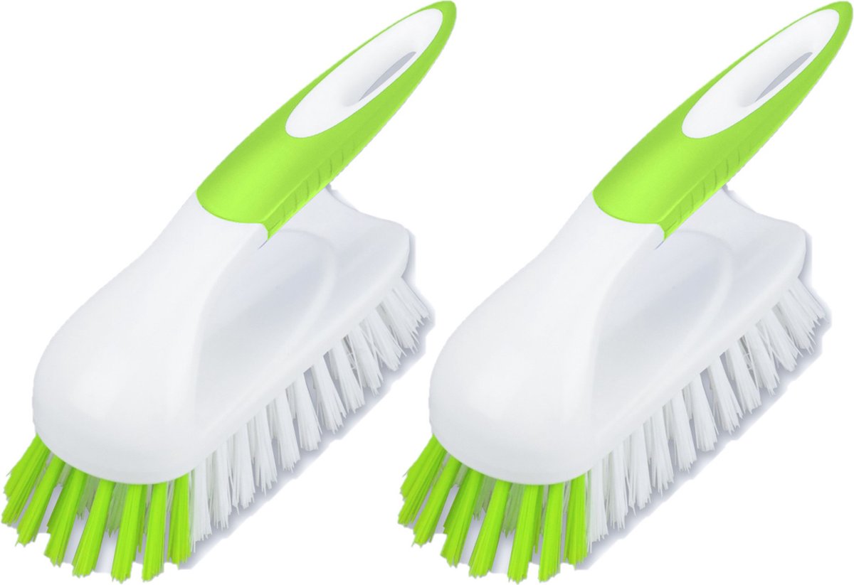 Goedkoopste Buemag Schrobborstel met handvat - Set van 2x stuks - wit/groen - kunststof - Schoonmaken borstels