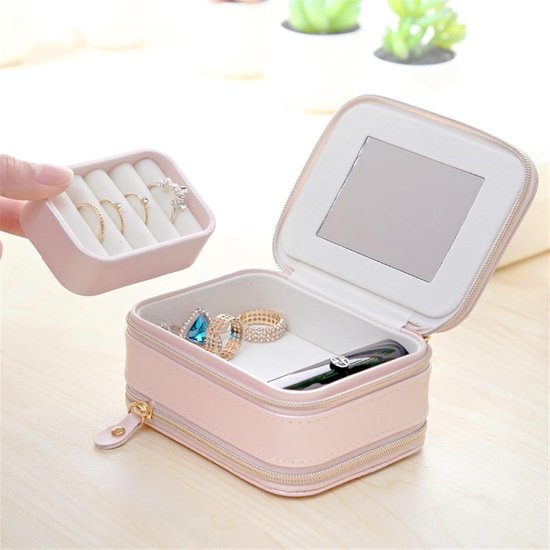 Foto: Sieradenopbergdoos met dubbele ritssluiting verjaardagscadeau voor vrouwen gepersonaliseerde sieradenreisdoos make up organizer lederen cosmetische opbergdoos dubbellaagse opbergdoos opbergdoos cadeau 11 5 cm x 8 5 cm x 5 cm roze