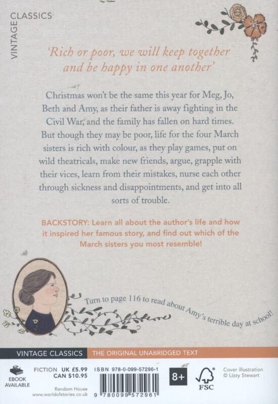 Achterkant boek 'Little Women'. Tekst over het verhaal, met een illustratie van een vrouw en bloemen. 'Vintage Classics' is zichtbaar.