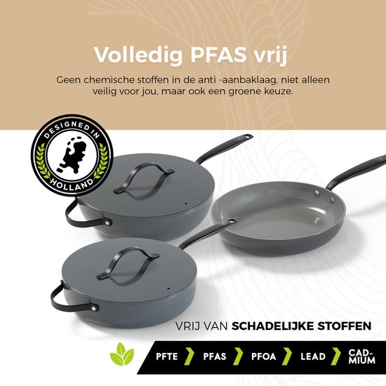 Grijze pannen met deksels en een koekenpan op een beige achtergrond. "Volledig PFAS vrij" en een "Designed in Holland" logo.