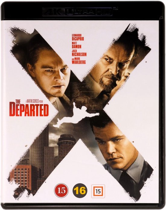 Voorkant van de "The Departed" 4K Blu-ray hoes met een collage van de gezichten van Leonardo DiCaprio, Matt Damon, Jack Nicholson en Mark Wahlberg.