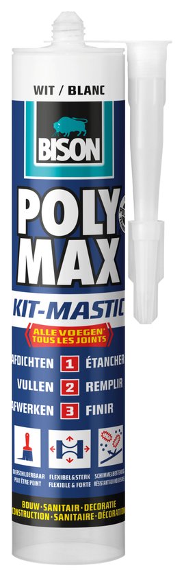 Witte Bison Poly Max kitkoker met blauw/wit label met tekst "Bison Poly Max Kit-Mastic". Inclusief twee doppen.