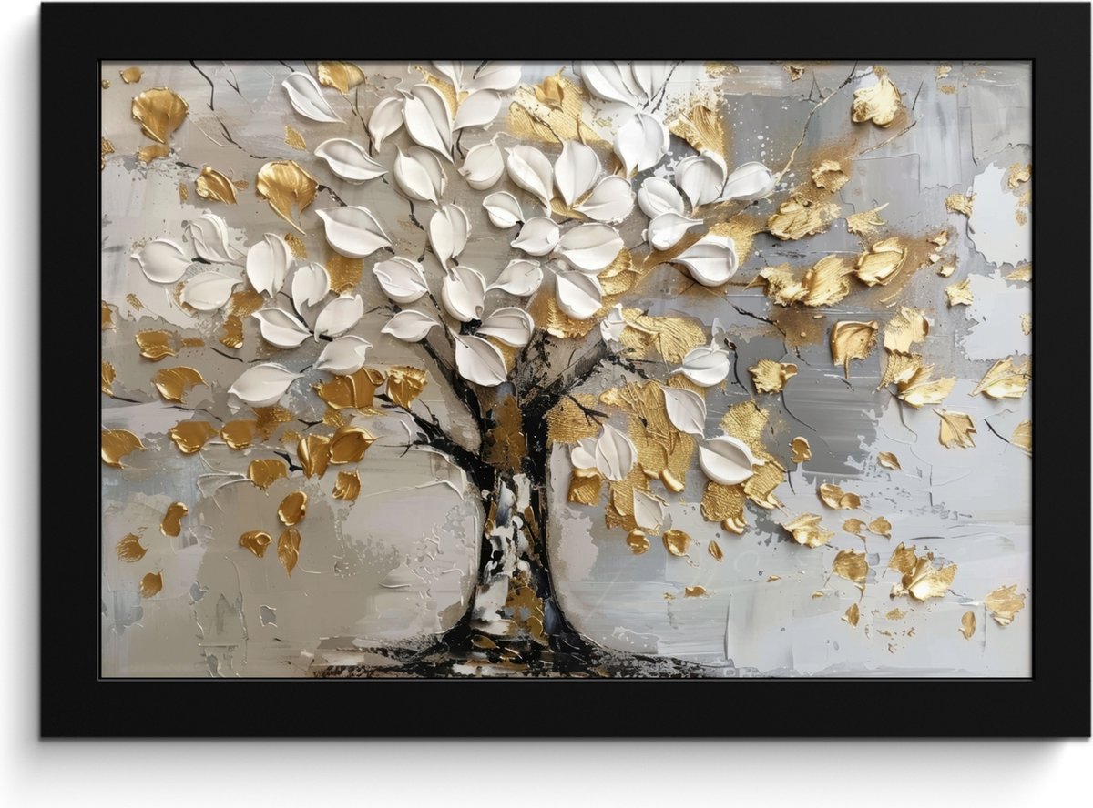 FrameYourWall Poster in lijst - Fotolijst 30x20 cm - Posters - Boom - Beige - Grijs - Goud - Abstract - Posterlijst zwart - Decoratie - Wanddecoratie woonkamer - Muurdecoratie slaapkamer Wit - Goud